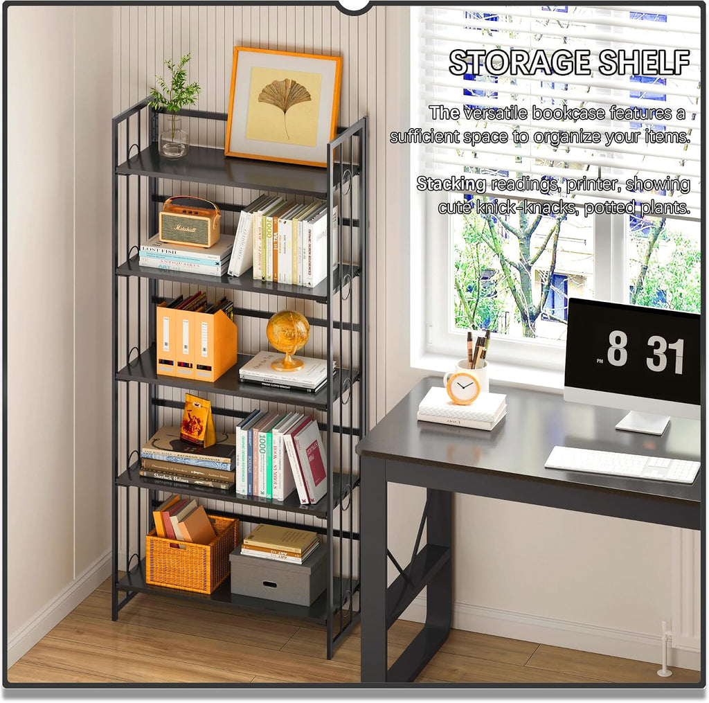 4NM No Assembly 5 Tiers Folding Bookshelf, 59.4' H Foldable Storage Shelves Vintage Bookcase Standing Racks Study Organizer Home Office - All Black
