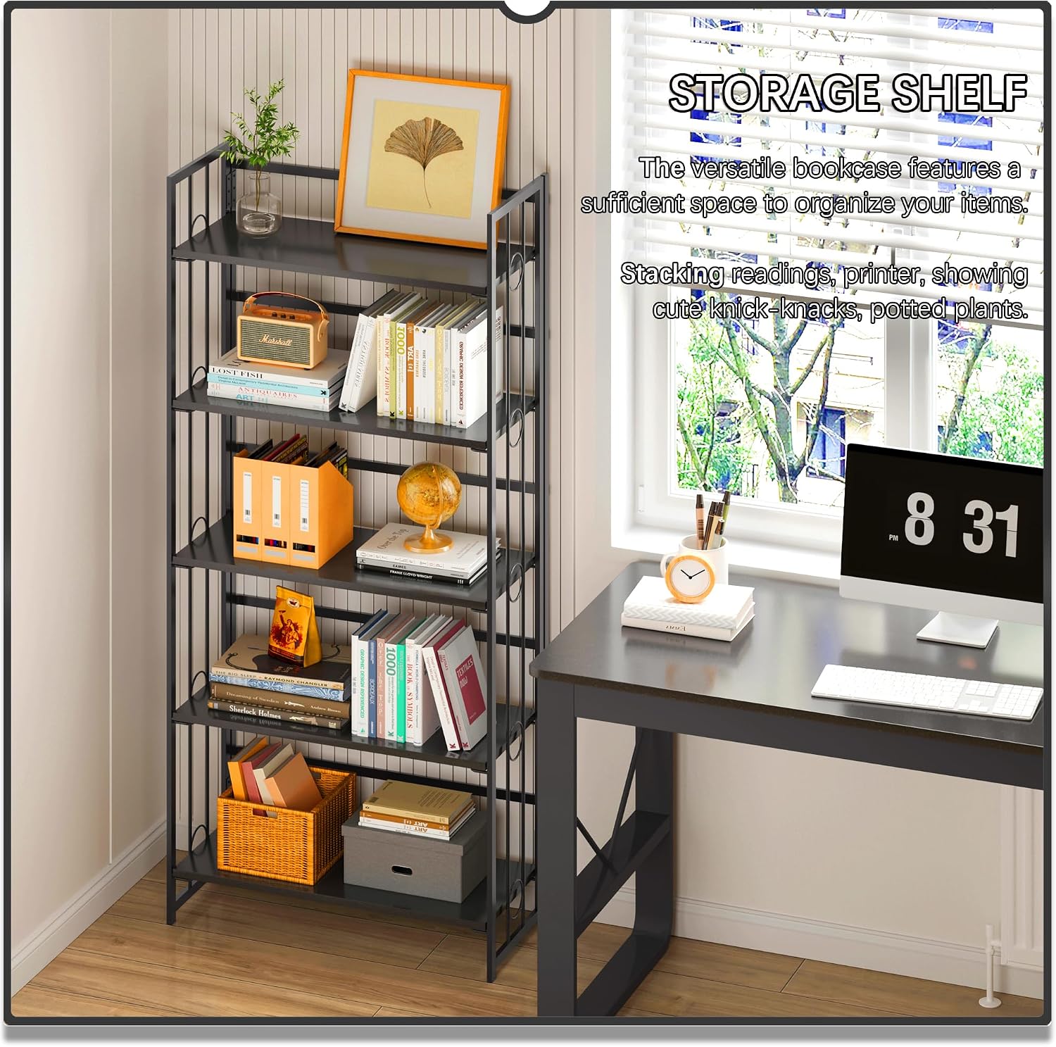 4NM No Assembly 5 Tiers Folding Bookshelf, 59.4' H Foldable Storage Shelves Vintage Bookcase Standing Racks Study Organizer Home Office - All Black