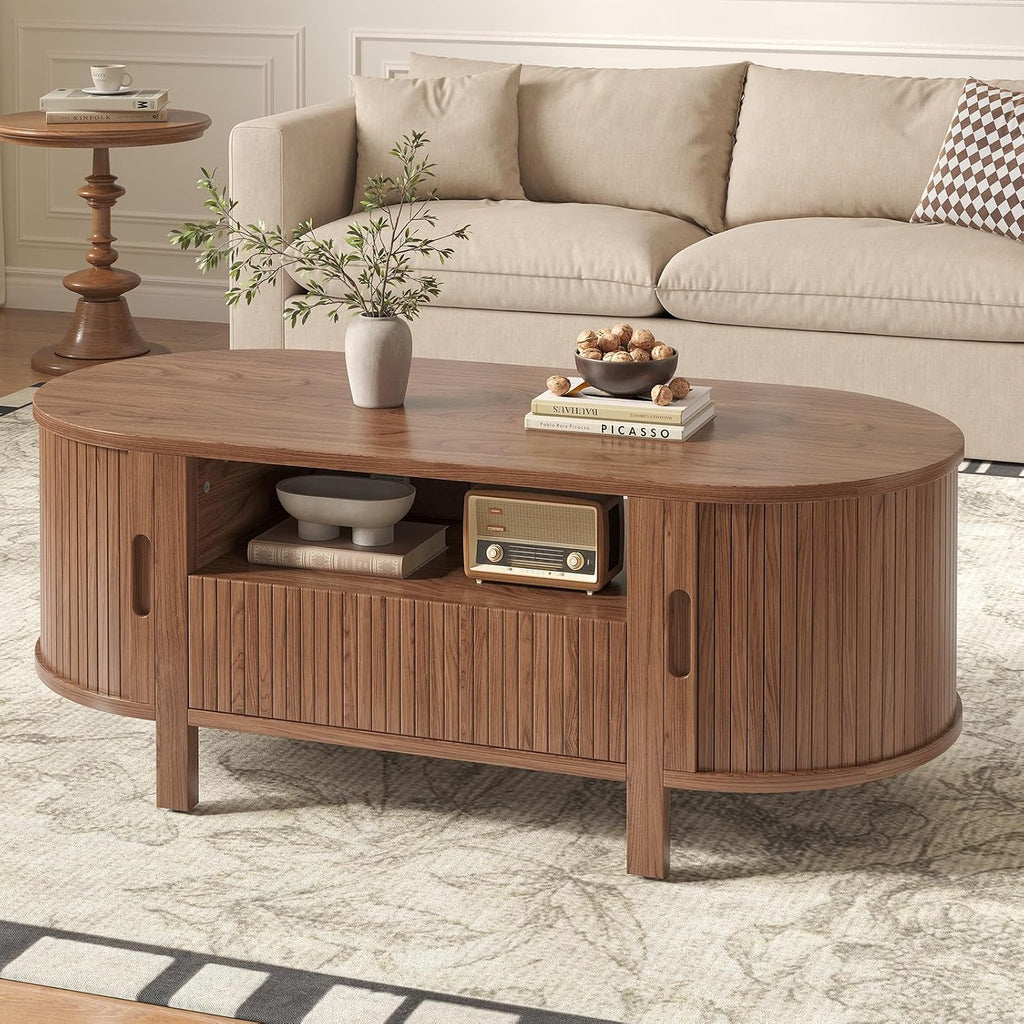47.2' Fluted Coffee Table, Oval Coffee Table with 1 Drawer and 1 Open Shelf, Mid-Century Modern Center Tables with Storage and Sliding Doors, Coffee Tables for Living Room, Walnut