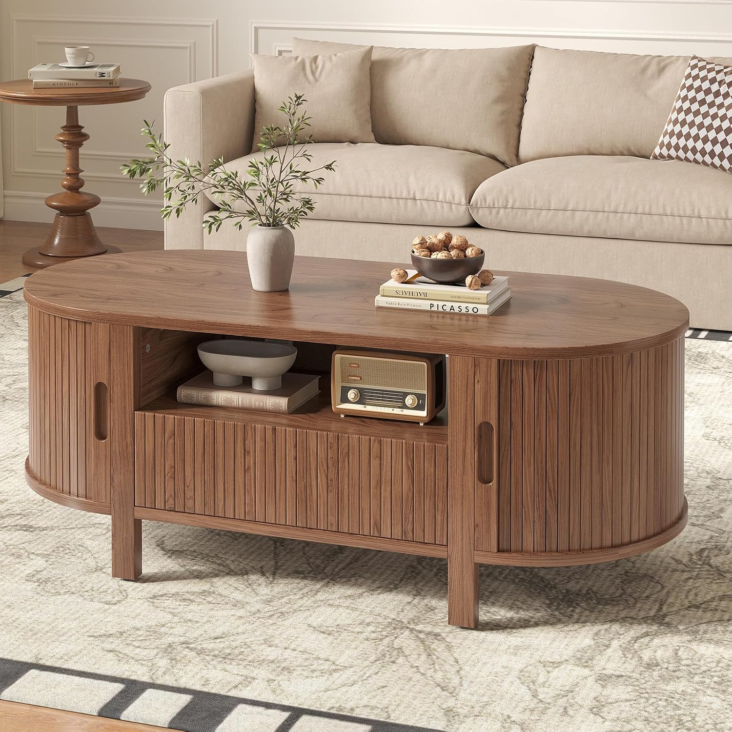 47.2' Fluted Coffee Table, Oval Coffee Table with 1 Drawer and 1 Open Shelf, Mid-Century Modern Center Tables with Storage and Sliding Doors, Coffee Tables for Living Room, Walnut
