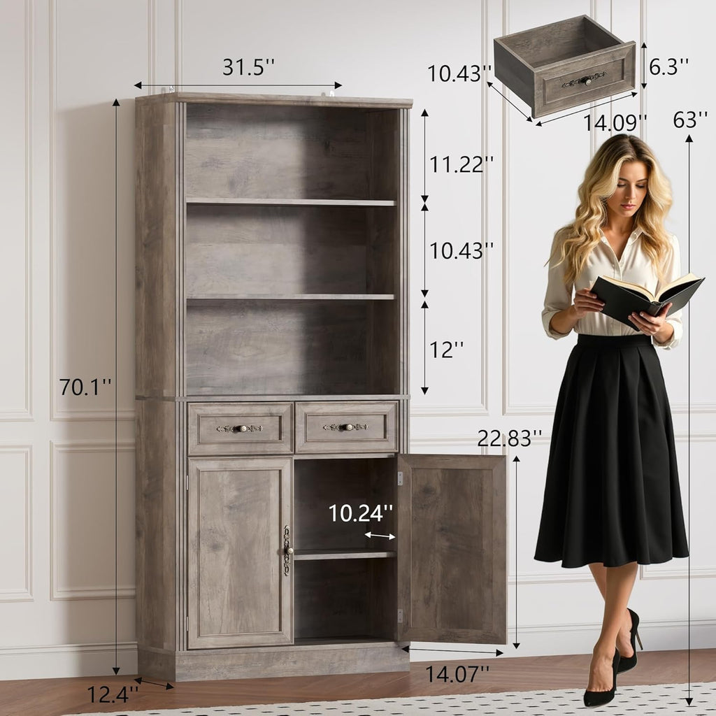 BORNOON 70.1' Tall Bookshelf with Drawers & Cabinet, 5-Tier Floor Standing Bookcase with Storage Doors, Adjustable Shelves & Metal Handles, 31.5' Wide Organizer for Home Office, Living Room