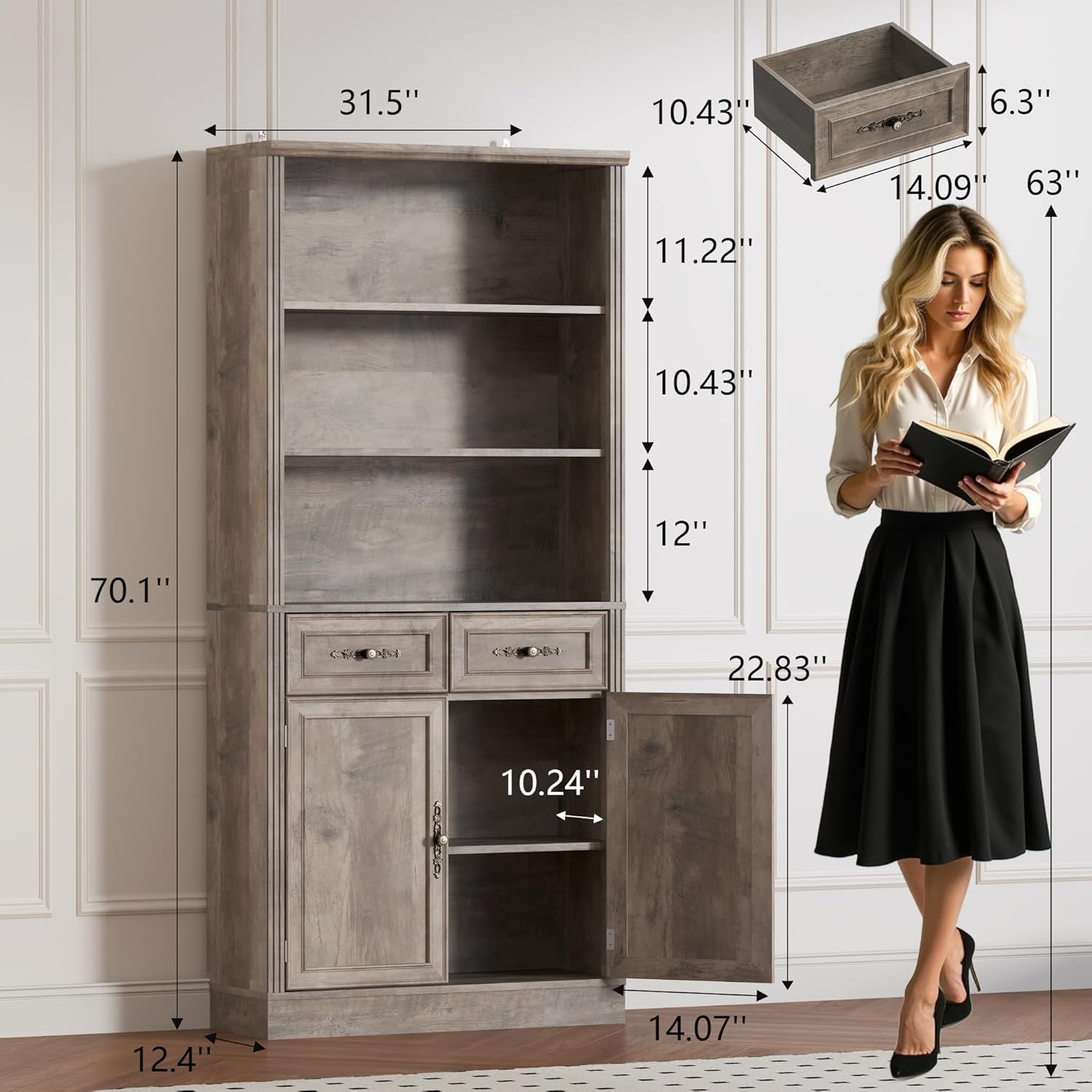 BORNOON 70.1' Tall Bookshelf with Drawers & Cabinet, 5-Tier Floor Standing Bookcase with Storage Doors, Adjustable Shelves & Metal Handles, 31.5' Wide Organizer for Home Office, Living Room