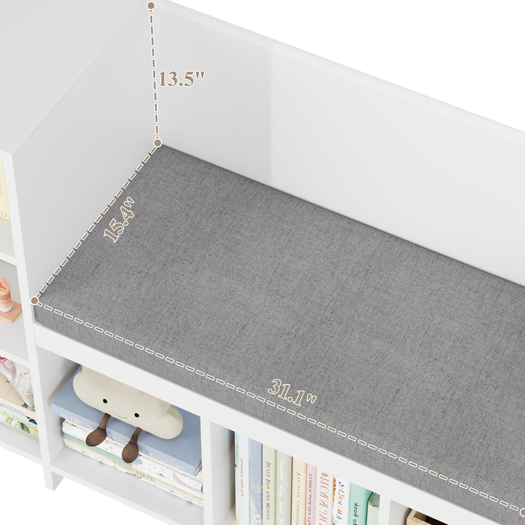 HOSTACK 67' W Kids Reading Nook with Toy Storage Organizer, Large Kids Bookshelf with Toy Storage Box on Wheels, Big Kid Bookcase with Bench and 6 Open Cubbies for Playroom, Kid Room, White