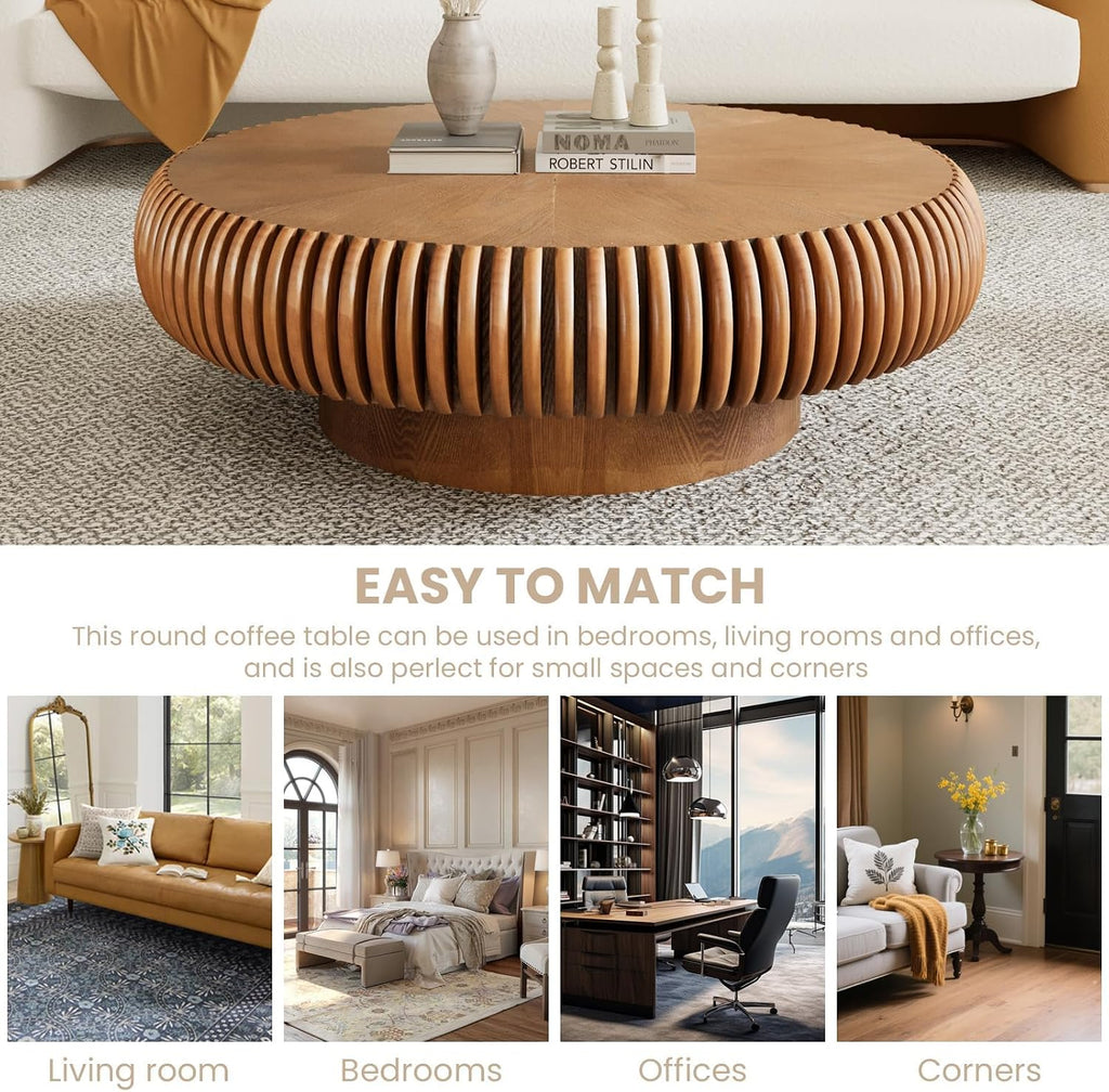 Fluted Drum Coffee Table Round Coffee Table for Living Room Mid Century Modern Coffee Tables with Sturdy Pedestal Circle Center Tea Table Accent Tea Table for Small Space Apartment (39.4inch Brown)