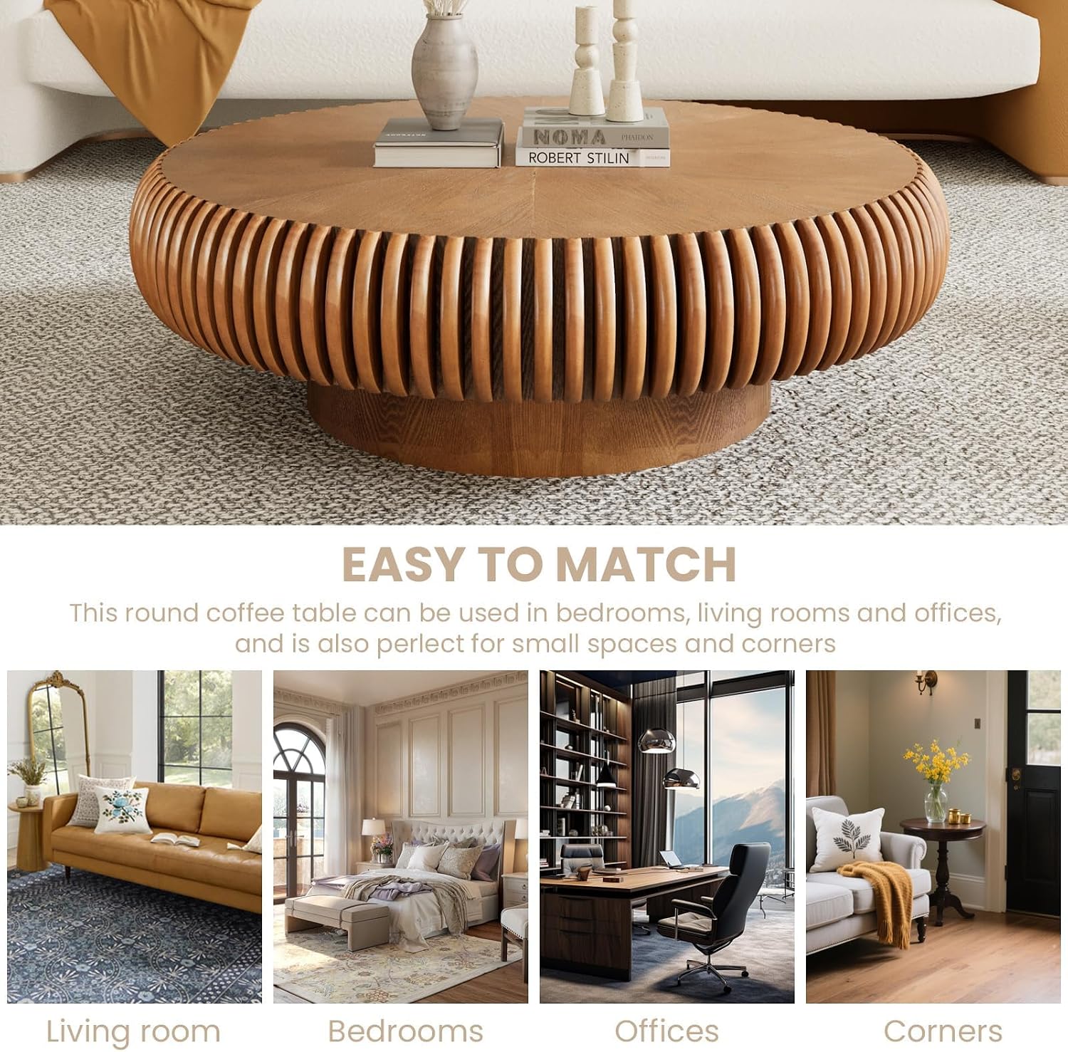 Fluted Drum Coffee Table Round Coffee Table for Living Room Mid Century Modern Coffee Tables with Sturdy Pedestal Circle Center Tea Table Accent Tea Table for Small Space Apartment (39.4inch Brown)