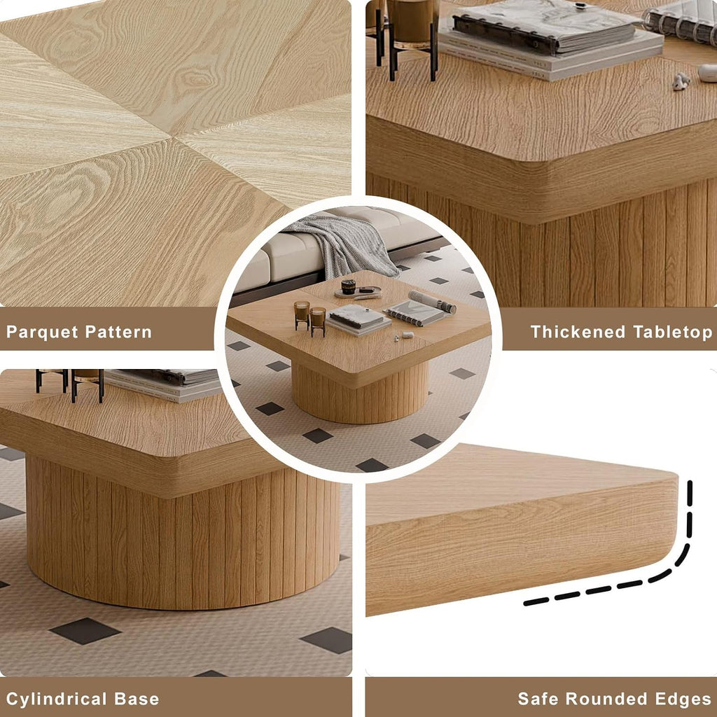 Modern Square Nesting Coffee Table Set, 2-Piece Coffee Tables with Cylindrical & Fluted Pedestal, Minimalist Center Table & Side Table for Wabi-Sabi Decor for Living Room Apartment, Natural+Black
