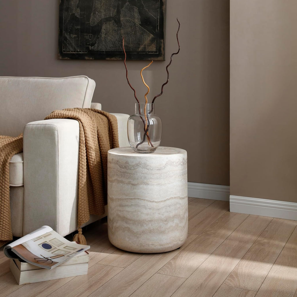 15.74' Round Coffee Table, Living Room Tables Round Coffee Tables, Small Side Table and Center Table for Bedroom Balcony Lounge Home Office, Fiberglass Material, Faux Travertine Textured Beige