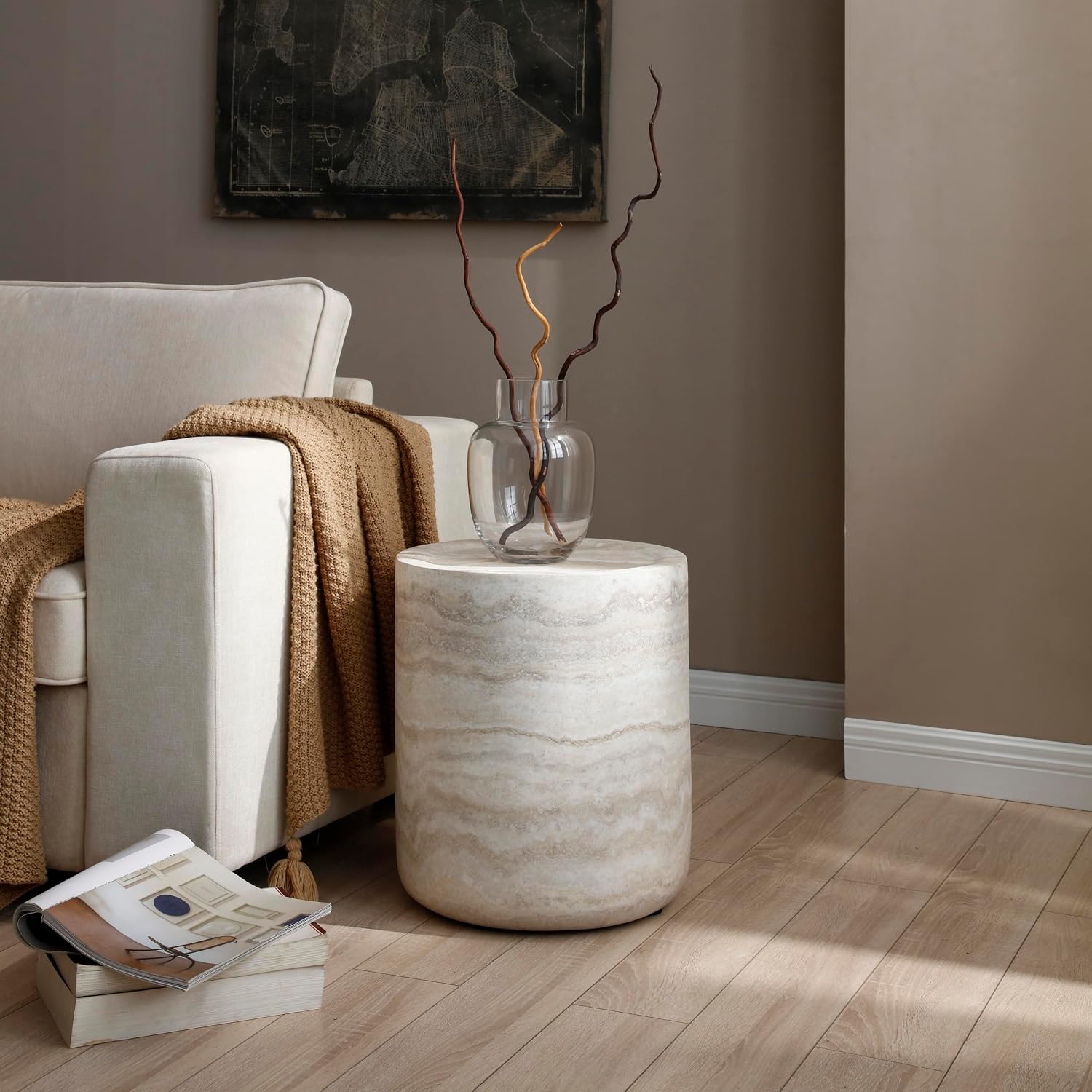15.74' Round Coffee Table, Living Room Tables Round Coffee Tables, Small Side Table and Center Table for Bedroom Balcony Lounge Home Office, Fiberglass Material, Faux Travertine Textured Beige