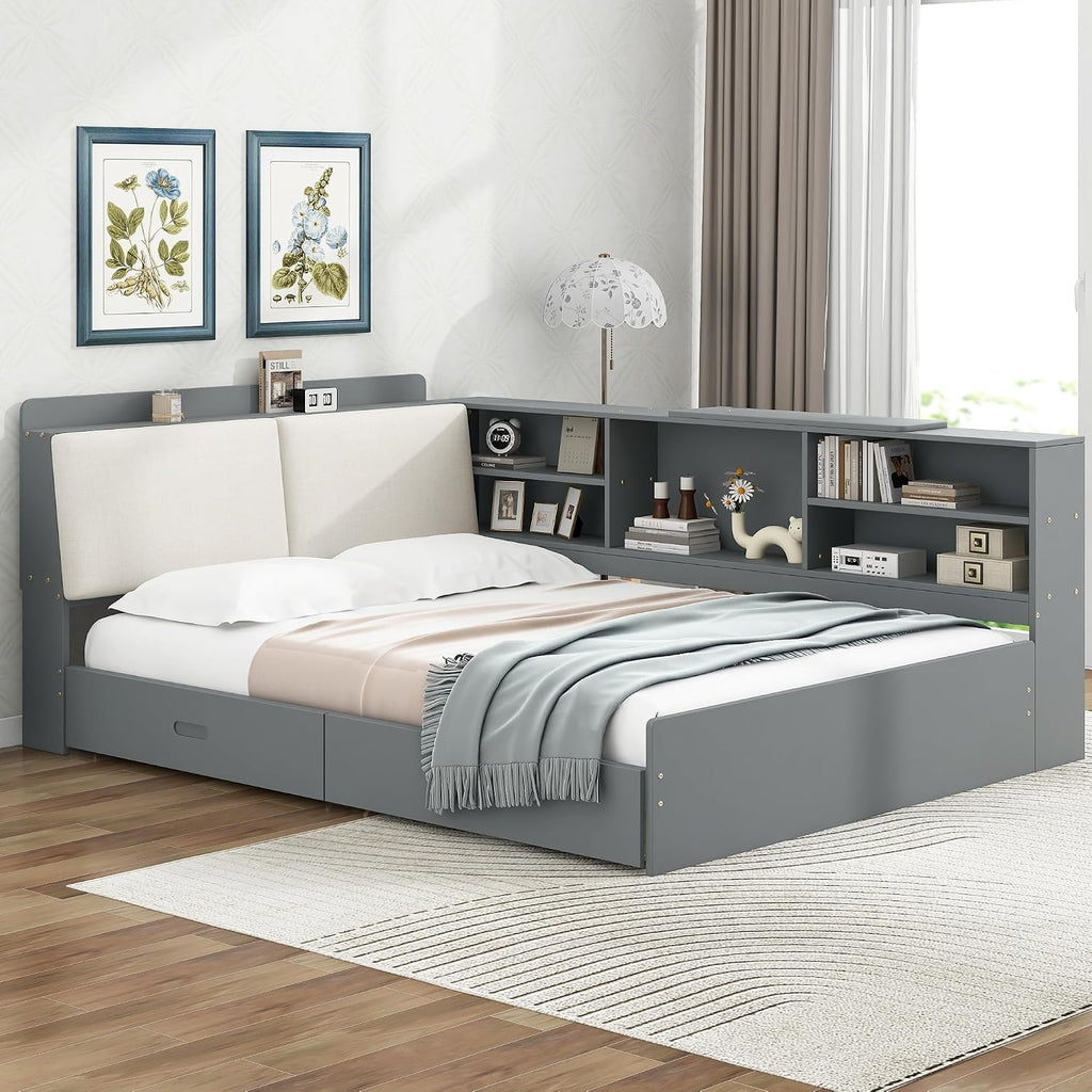 Full Daybed with Storage Headboard, Corner Platform Bed with Shelves, Storage Board and 2 Drawers, Solid Wooden Slats Support, Gray