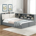 Full Daybed with Storage Headboard, Corner Platform Bed with Shelves, Storage Board and 2 Drawers, Solid Wooden Slats Support, Gray