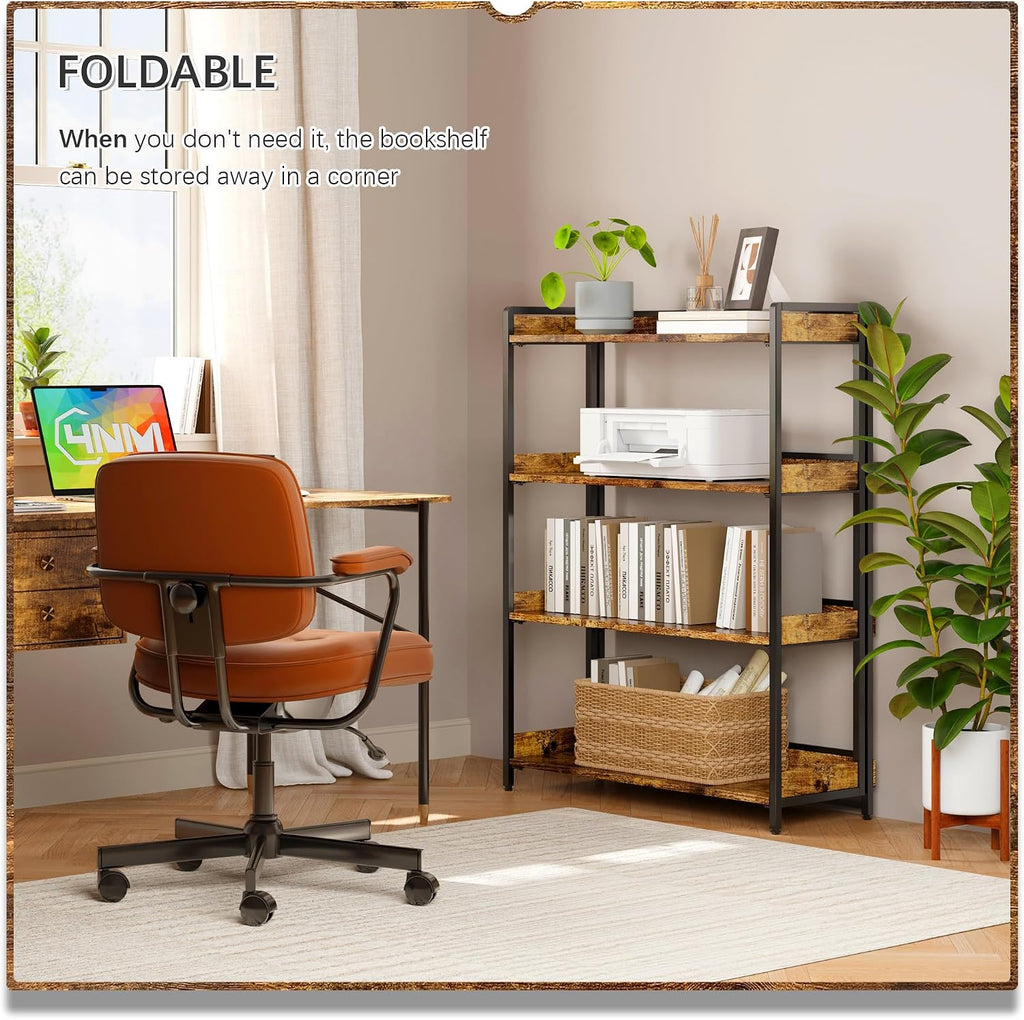 4NM Extra Wdie No Assembly Folding Bookshelf, 50.8' H x 30.9' W, 4 Tier Collapsible Book Shelf Bookcase Foldable Shelves for Bedroom Living Room Home Office - Rustic Brown & Black