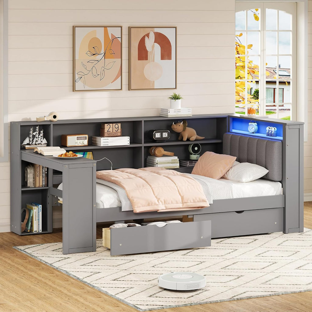 Merax Twin Size Wood Platform Bed with Storage Shelves, Drawers, Charging Station, Desk and Upholstered Headboard, Grey+ Grey Cushion