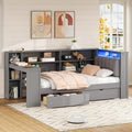 Merax Twin Size Wood Platform Bed with Storage Shelves, Drawers, Charging Station, Desk and Upholstered Headboard, Grey+ Grey Cushion