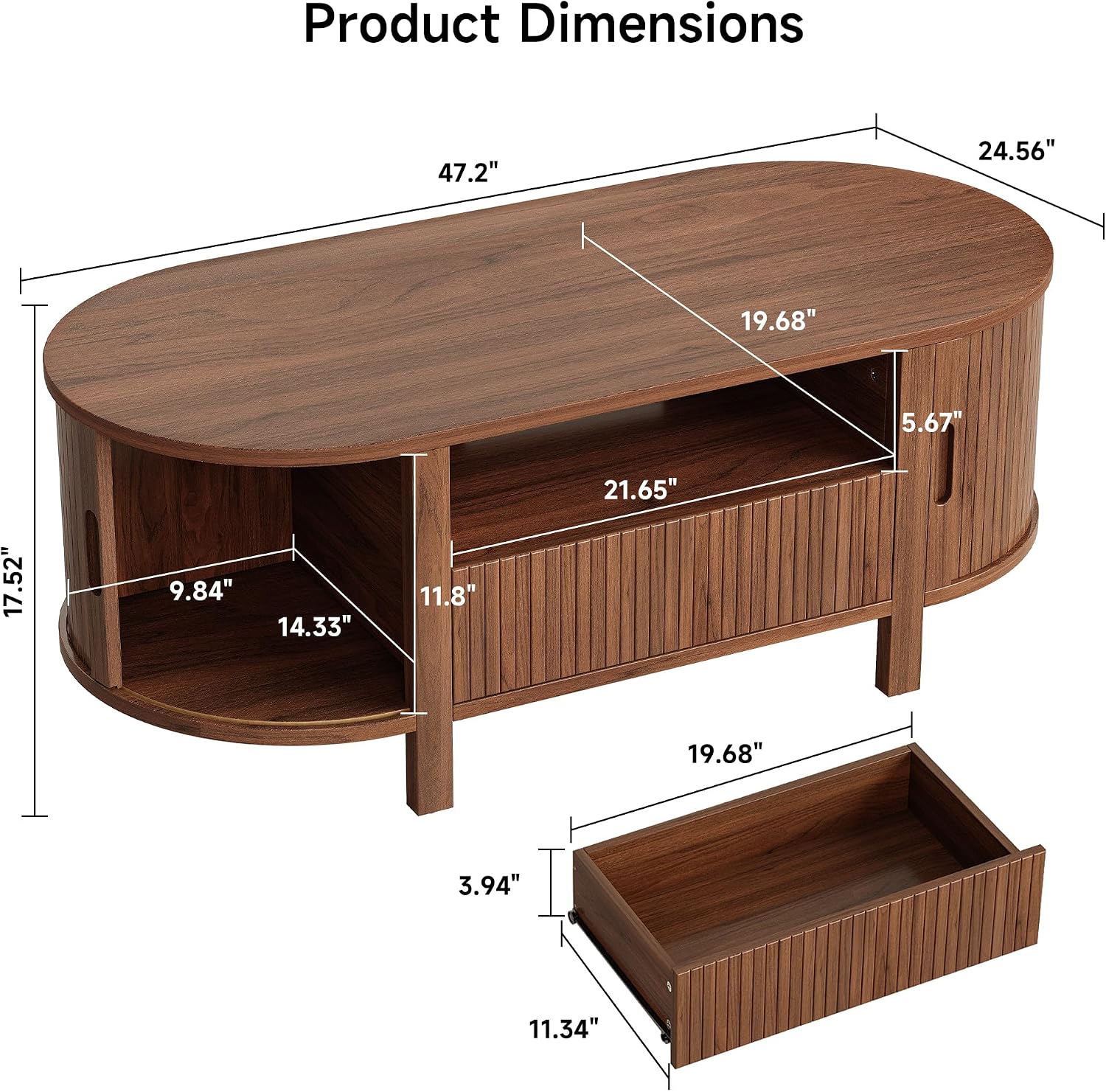 ComfyCorner 47' Oval Coffee Table, Tambour Design Coffee Tables for Living Room, Mid Century Modern Wood Coffee Table, 3-Tier Accent Center Table with Storage, Large Drawer, Walnut
