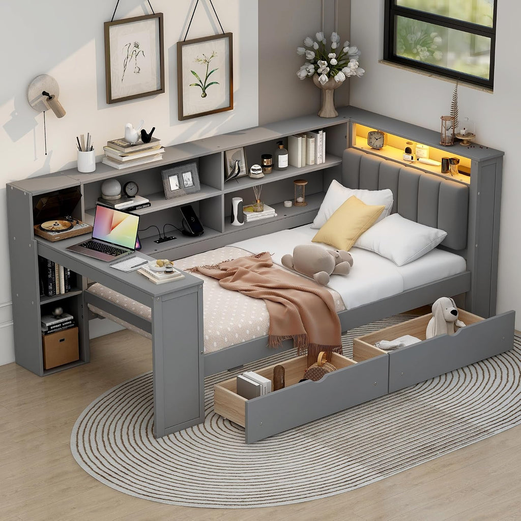 LUMISOL Twin Size Daybed with Storage Drawers and Upholstered Headboard, Wood L Shaped Corner Bed Frame with Desk, Drawers, LED Light & USB Ports for Living Room, Space-Saving, Gray