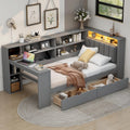 LUMISOL Twin Size Daybed with Storage Drawers and Upholstered Headboard, Wood L Shaped Corner Bed Frame with Desk, Drawers, LED Light & USB Ports for Living Room, Space-Saving, Gray