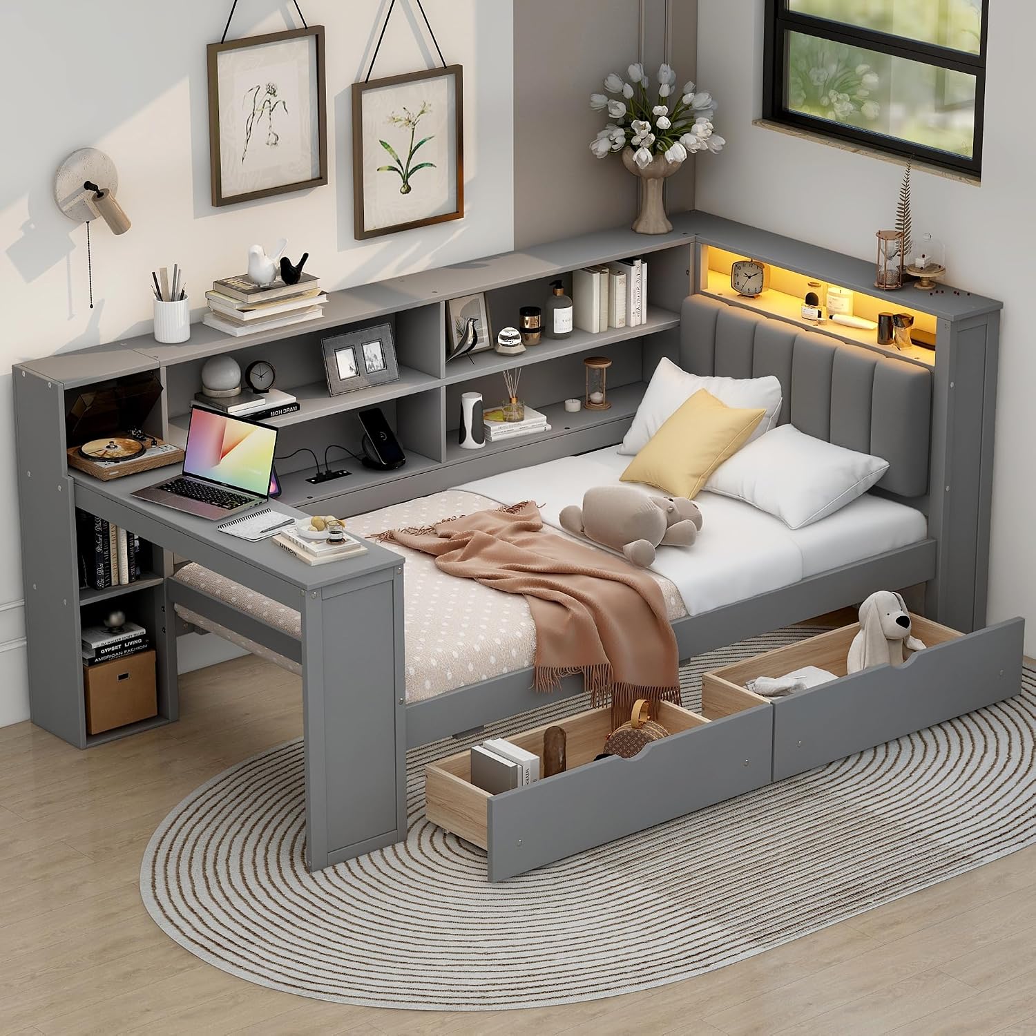 LUMISOL Twin Size Daybed with Storage Drawers and Upholstered Headboard, Wood L Shaped Corner Bed Frame with Desk, Drawers, LED Light & USB Ports for Living Room, Space-Saving, Gray