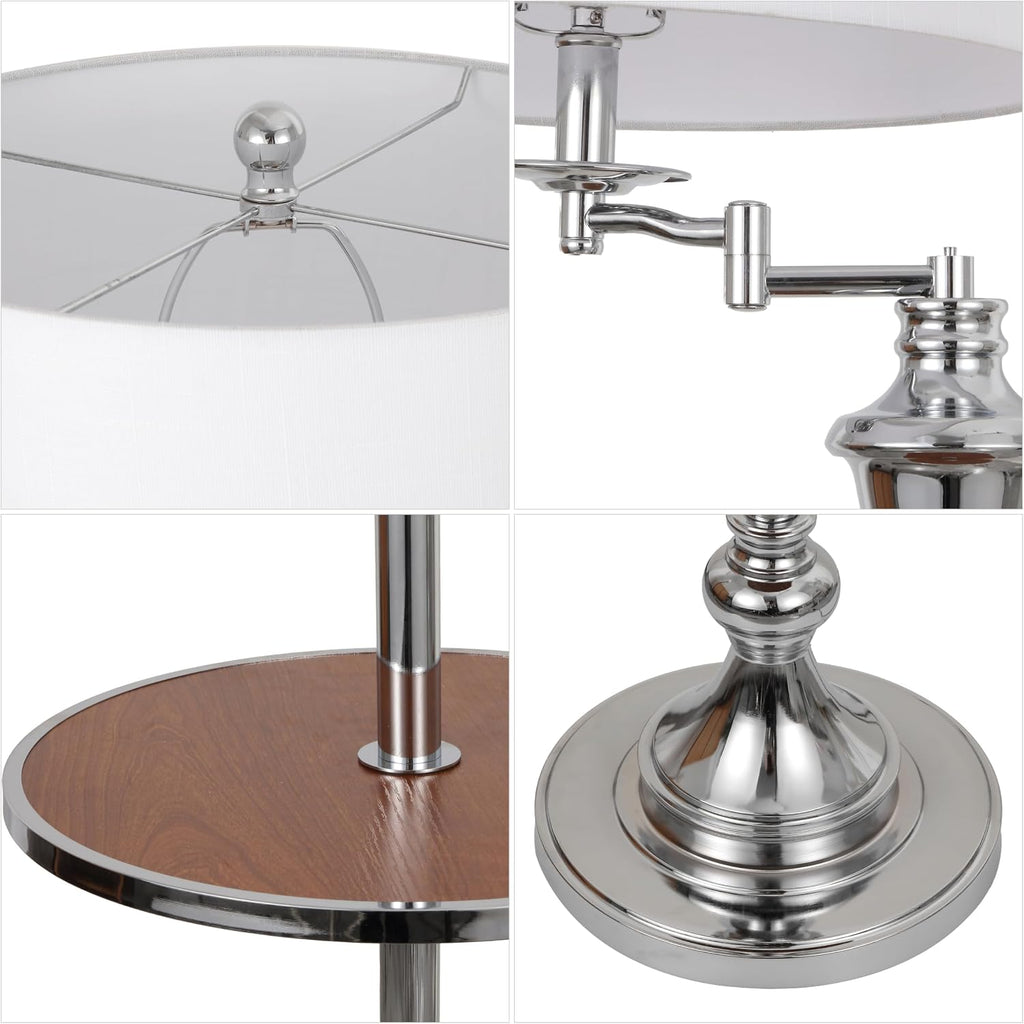 JONATHAN Y 60' Chrome Swing Arm Wood Integrated Side Tray Candlestick Tray Table Floor Lamp Traditional for Living Room Bedroom with White Linen Drum Shade LED Bulb Included JYL3055E