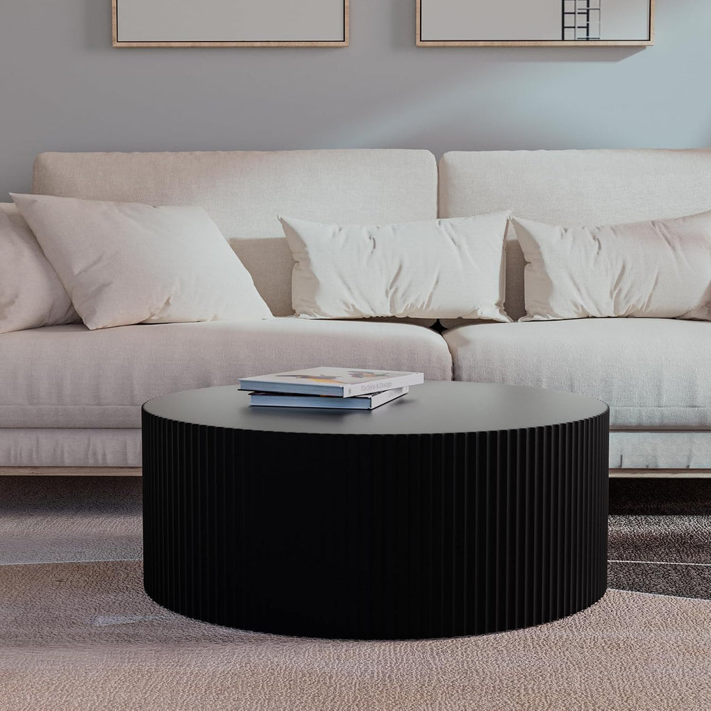 JUSTONE Black Round Coffee Table for Living Room, 35.43' Round Wood Circle Drum Coffee Table End Table Side Table for Home Office, Matte Black (ø35.4'' x 13.7'')