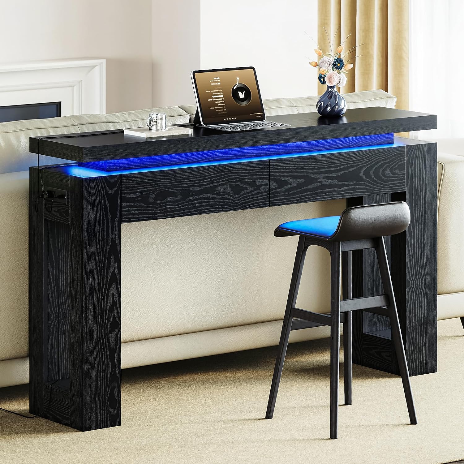 LIKIMIO Console Table with Drawers, Modern Entryway Table with LED Lights and Charging Station, Narrow Sofa Table with Storage Behind Couch for Entrance, Hallway, Living Room, Black