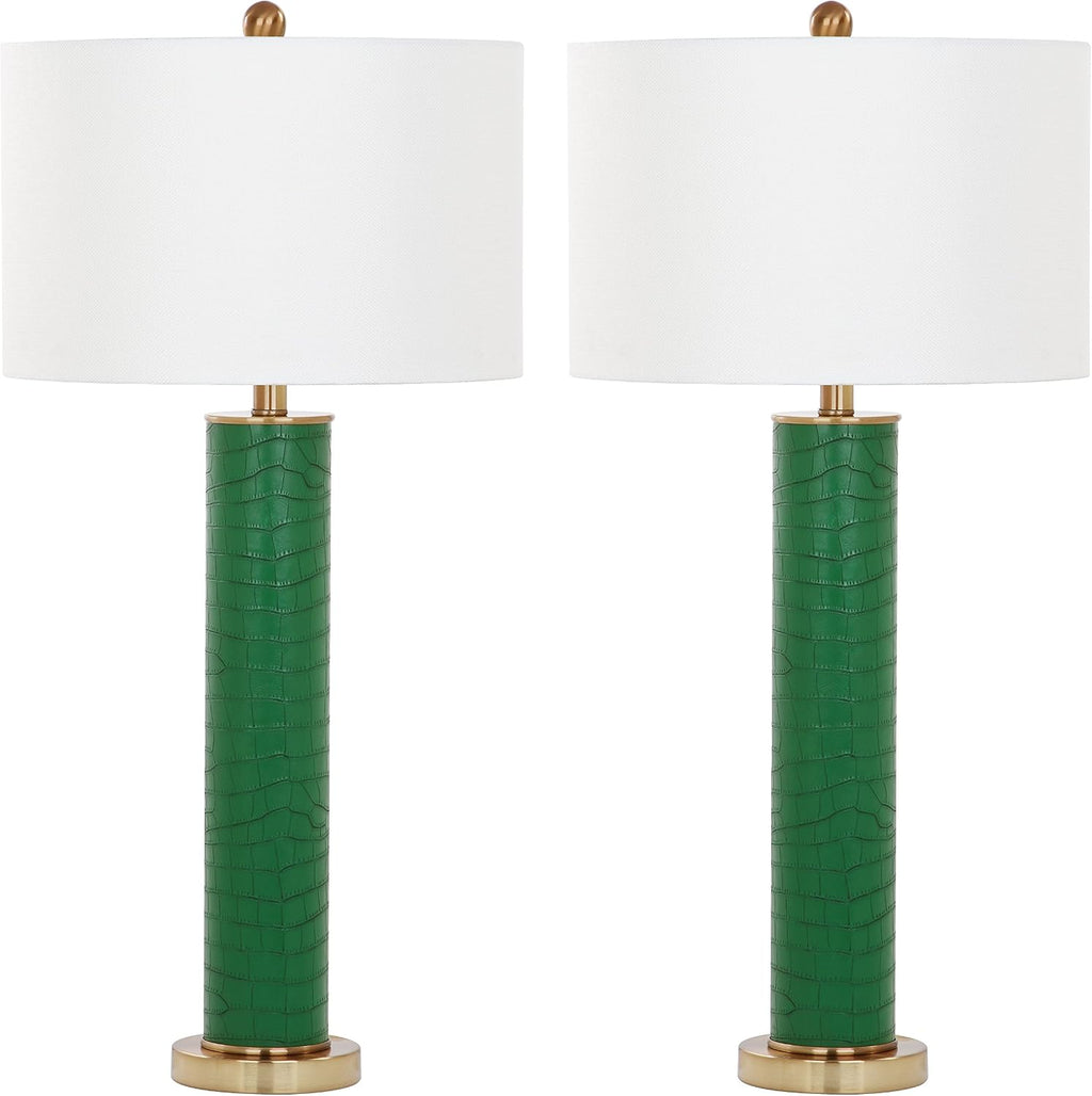 SAFAVIEH Lighting Collection – Set of 2 Ollie Modern Contemporary Dark Green Faux Alligator 32-Inch Table Lamps, LED Bulbs Included, Bedroom Living Room Home Office (LIT4404B-SET2)
