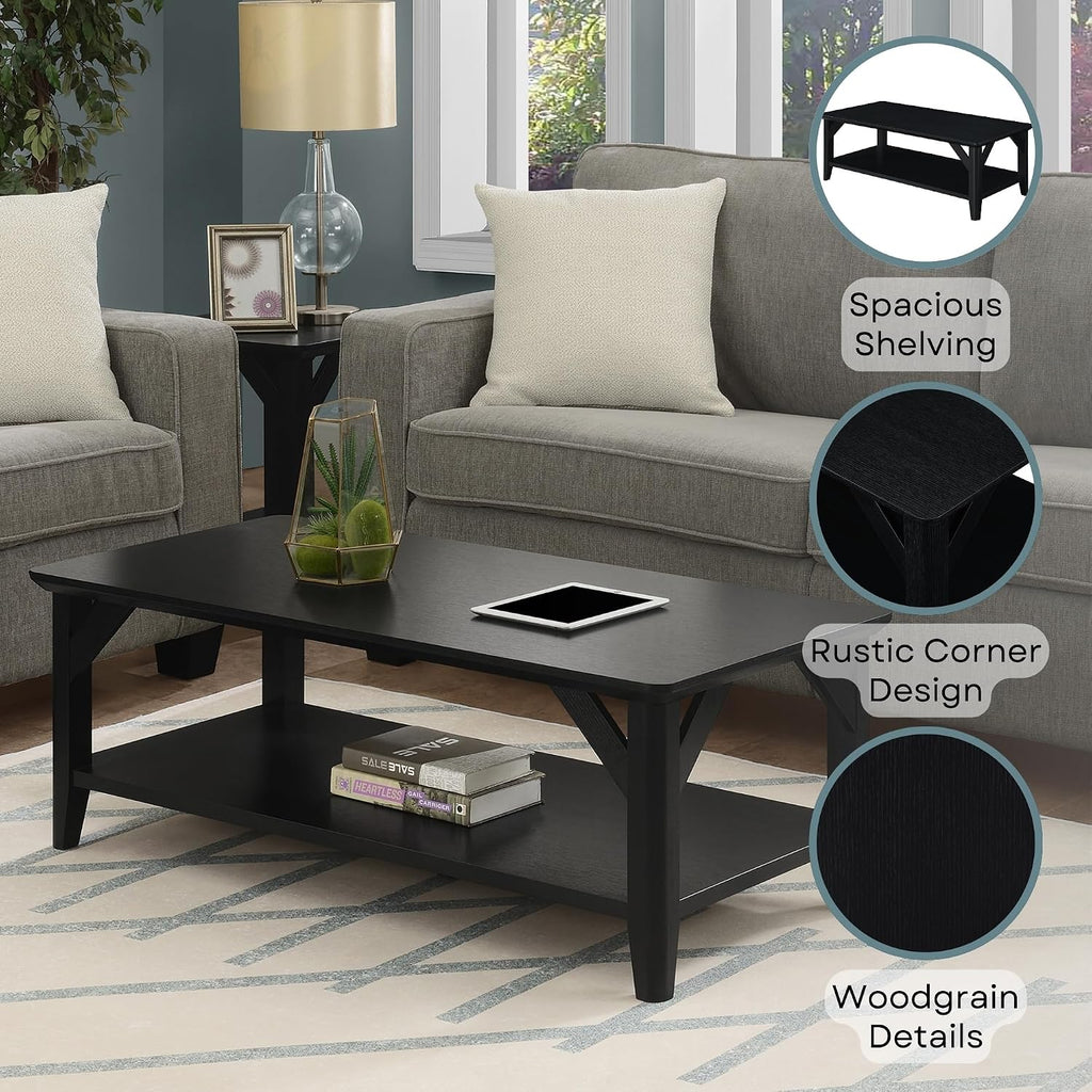 Convenience Concepts Winston Coffee Table 47.25' - Modern Center Room Accent with Storage Shelf for Transitional, Traditional Living & Family Room, Black