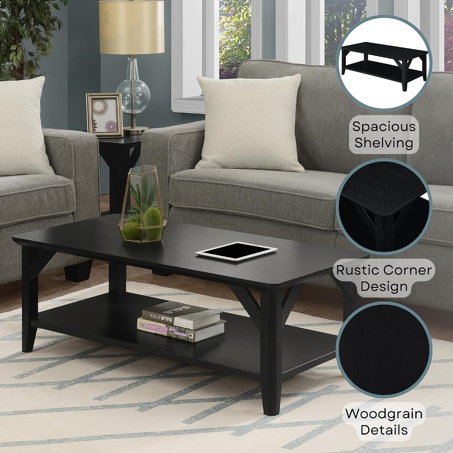 Convenience Concepts Winston Coffee Table 47.25' - Modern Center Room Accent with Storage Shelf for Transitional, Traditional Living & Family Room, Black