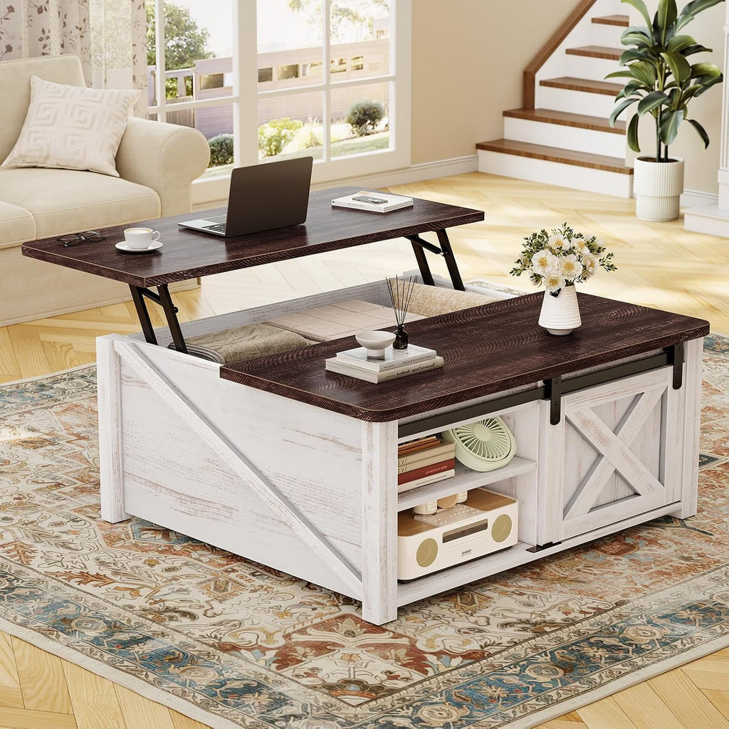 SEDETA 31.5' Lift Top Coffee Table with Storage, Square Coffee Tables for Living Room, Farmhouse Coffee Table with Large Hidden Storage Compartment and Adjustable Shelves, Vintage White
