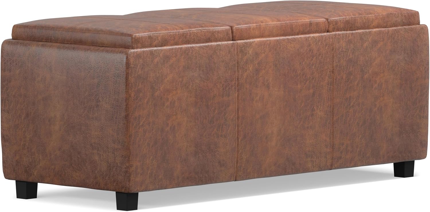 SIMPLIHOME Avalon Storage Ottoman - 42 inch Wide Upholstered Vegan Leather Rectangular Flip-Top Ottoman in Distressed Saddle Brown, Contemporary Coffee Table Ottoman for Living Room with Storage