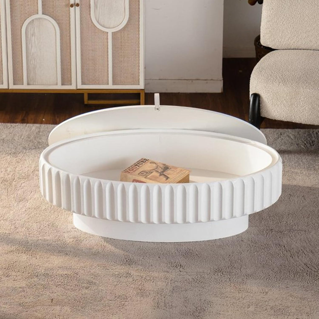 43.31'' White Oval Coffee Table with Storage Space for Living Room, Modern Contemporary Circle Curved Fluted Drum Pedestal Wood Coffee Table, Easy Assembly, White