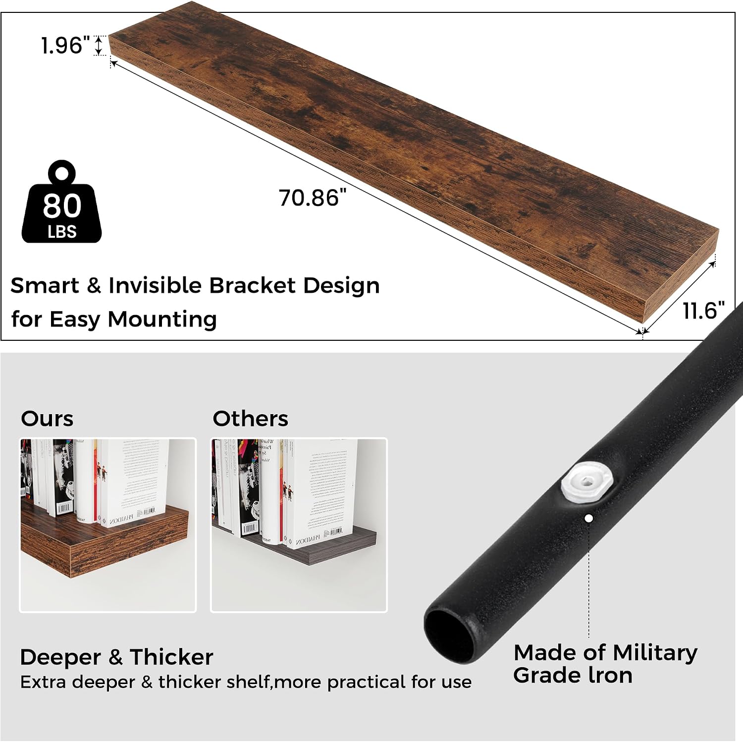 Floating Shelf for Wall 71 inch Long, Engineered Wood Large Wall Shelves with Invisible Brackets for Living Room Bedroom Bathroom Office Kitchen Decor and Storage, Rustic Brown Finish, Set of 1