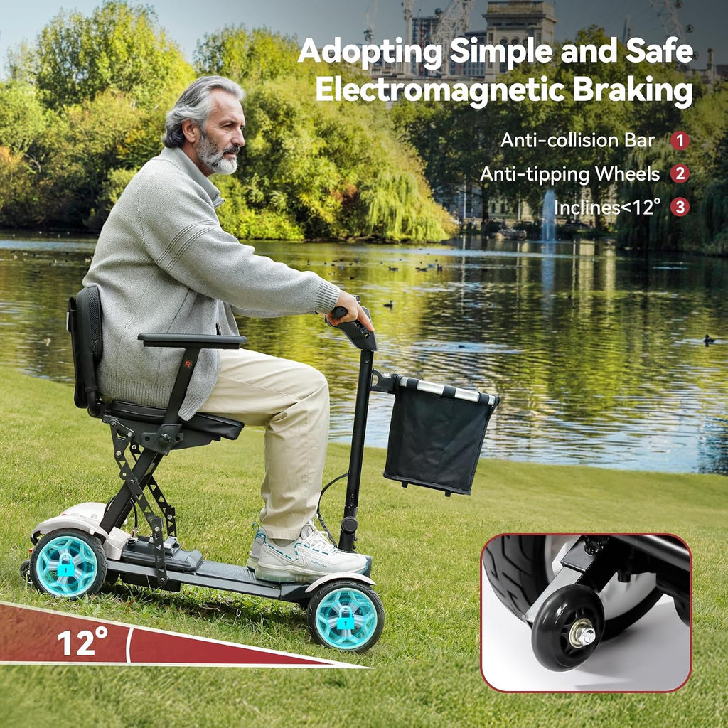 20 Miles Range Lightweight Mobility Scooter for Adults & Seniors - 47lbs Foldable 4 Wheel Travel Electric Scooter with Removable Battery, LED Lights - 300lb Capacity (White)