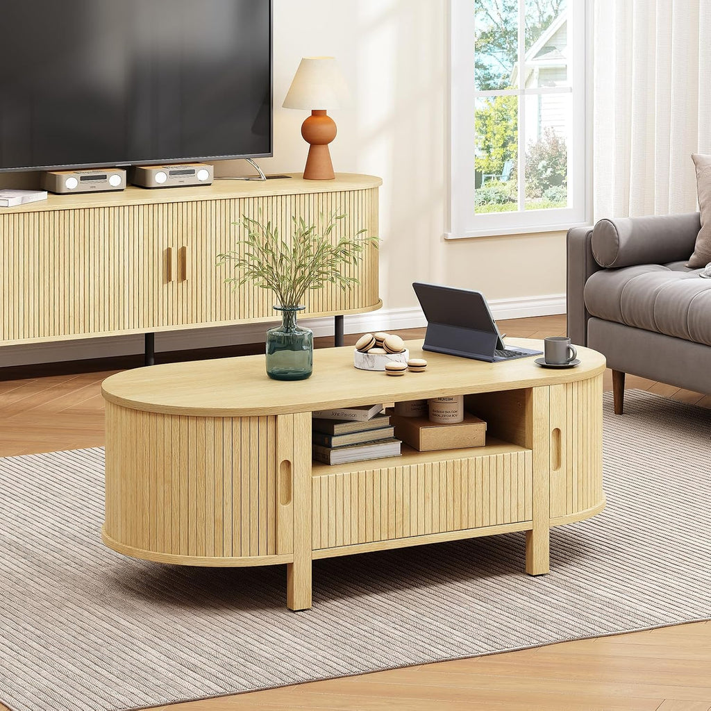 ONBRILL 47.2 Inch Oval Coffee Table with Storage, Mid Century Modern Coffee Table with Drawer, Center Table with Sliding Door and Wood Fluted Handle for Living Room, Oak