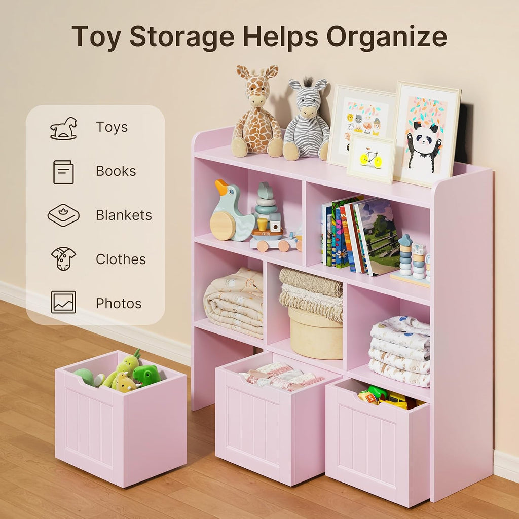 Gizoon Toy Storage Organizer with 3 Movable Drawers and 6 Open Shelves Kids Bookshelf Featuring Fall Prevention Barrier for Playroom Nursery Kids Room Organization, Pink, Painted