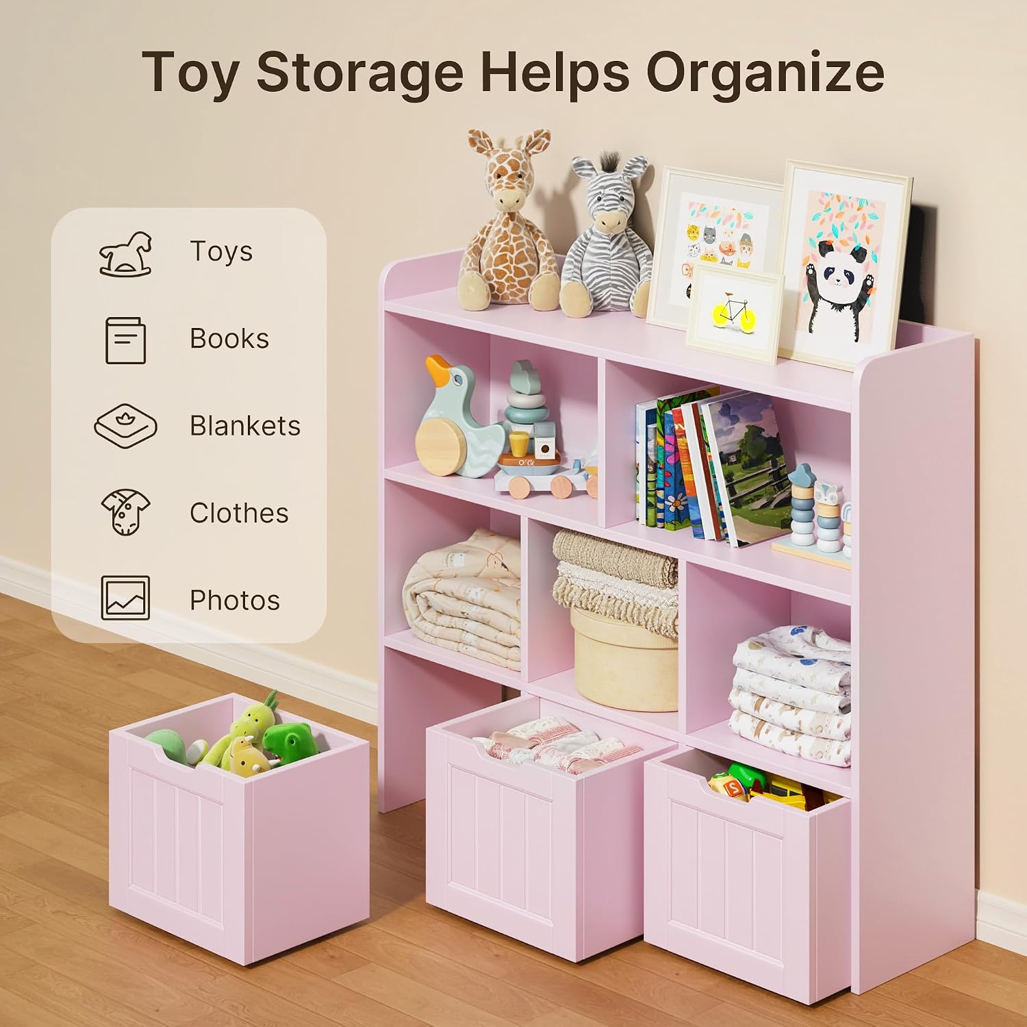 Gizoon Toy Storage Organizer with 3 Movable Drawers and 6 Open Shelves Kids Bookshelf Featuring Fall Prevention Barrier for Playroom Nursery Kids Room Organization, Pink, Painted