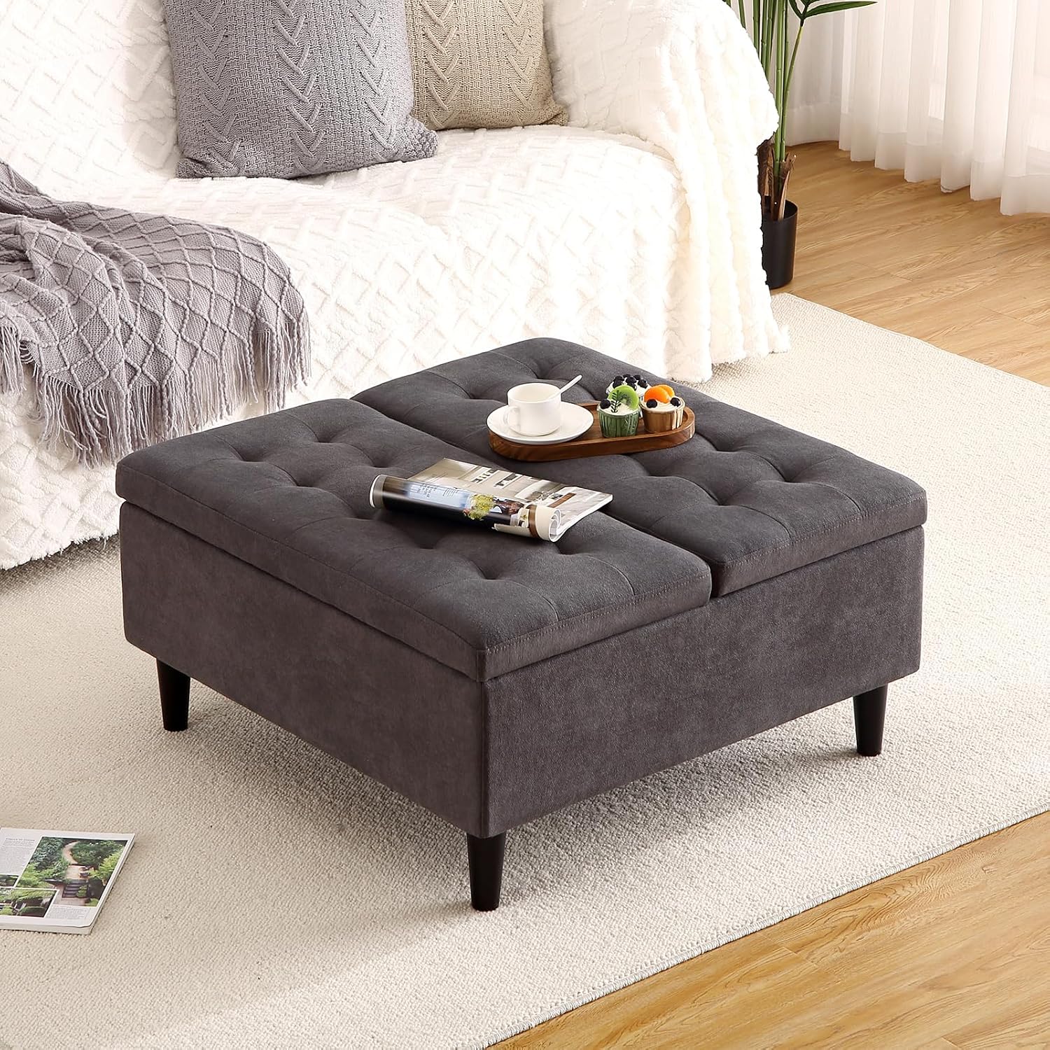 GAOMON 33' Square Coffee Table Lift Top Ottoman in Upholstered, Tufted Ottoman With Storage, Oversized Toy Box for Living Room