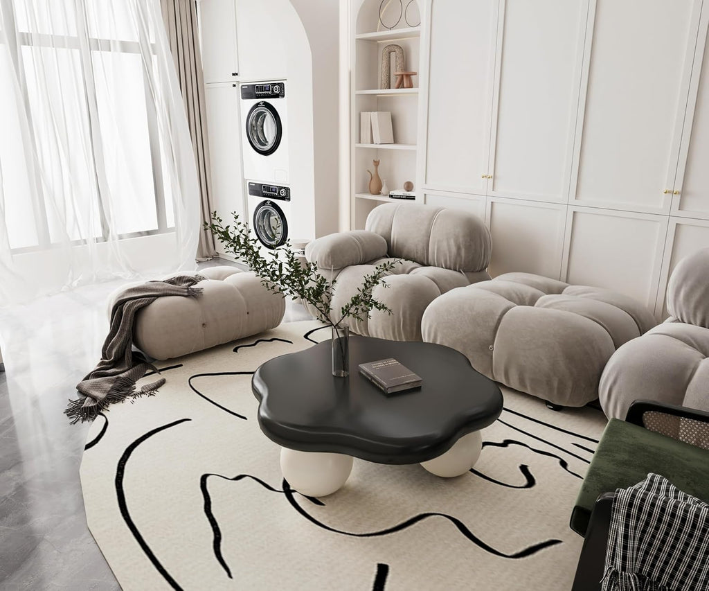 35.03' Cloud Coffee Table for Living Room Unique Coffee Table Modern Low Coffee Tables Cute Center Table with 3 Ball Legs for Small Space Apartment Cream Flower- Black & White