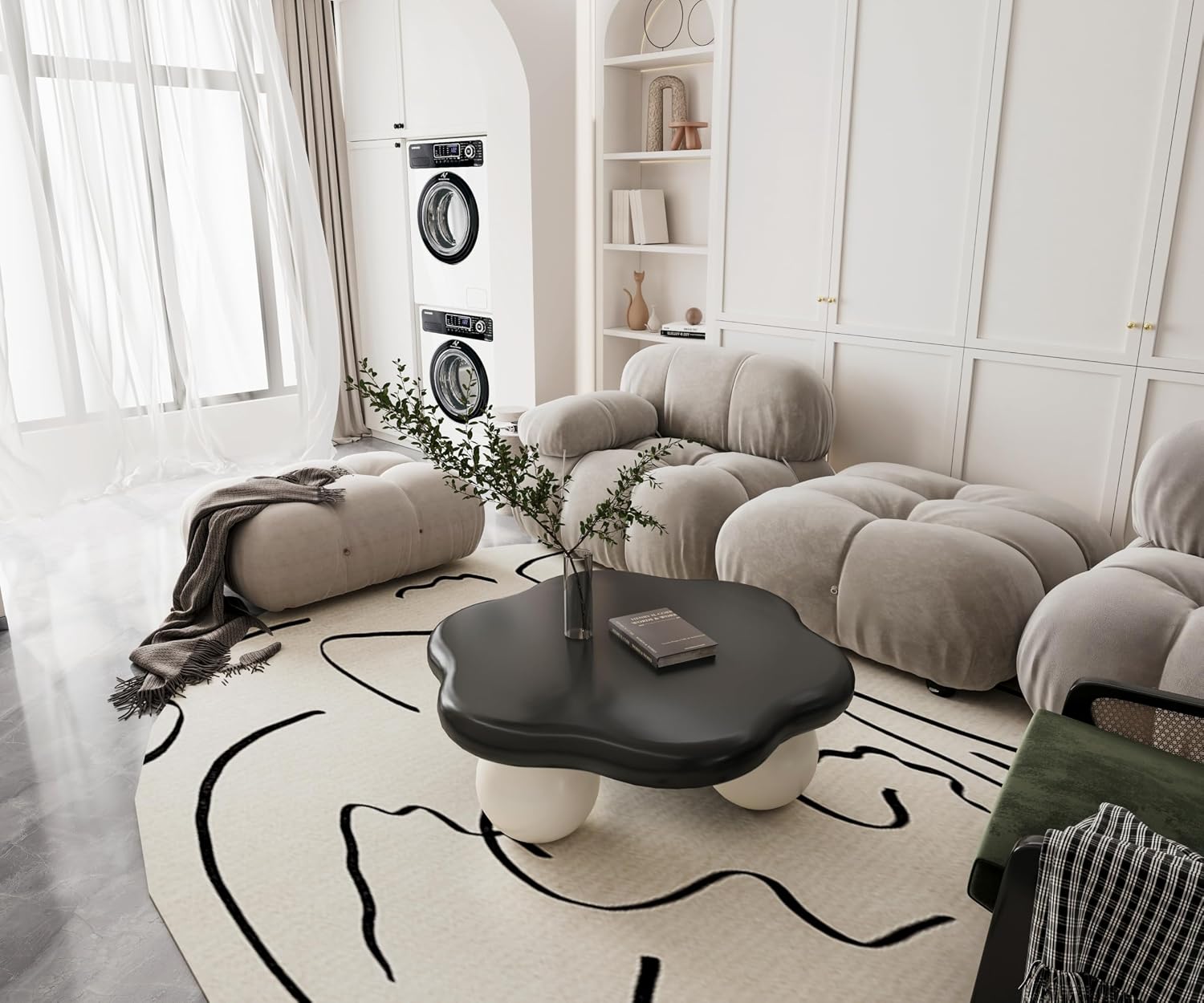 35.03' Cloud Coffee Table for Living Room Unique Coffee Table Modern Low Coffee Tables Cute Center Table with 3 Ball Legs for Small Space Apartment Cream Flower- Black & White