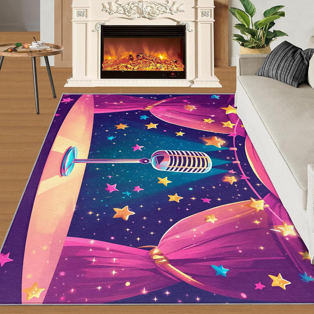 Microphone Area Rug 5x7-5x7 Rug, Cartoon Stars Area Rugs for Living Room, Music Washable Rugs for Bedroom, Kids Carpet, Musical Carpet - Microphone Home Decor & Gift