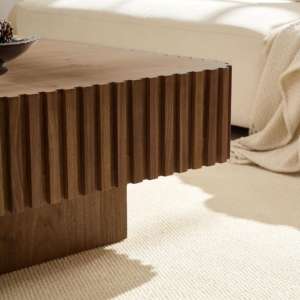 KEIKI 35' Handcraft Drum Square Wooden Coffee Table with Sturdy MDF Pedestal, Modern Style Solid Wood Relief Coffee Table, Easy Assembly, for Living Room, Bedroom, Reception Room, Walnut