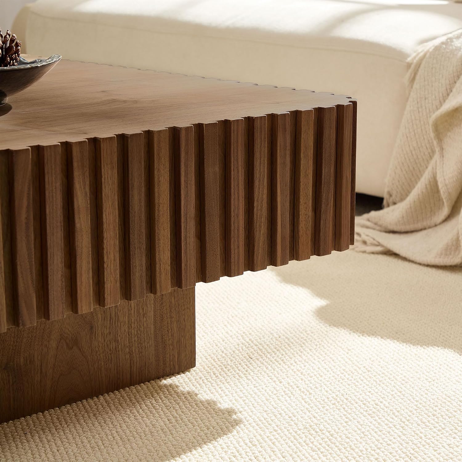 KEIKI 35' Handcraft Drum Square Wooden Coffee Table with Sturdy MDF Pedestal, Modern Style Solid Wood Relief Coffee Table, Easy Assembly, for Living Room, Bedroom, Reception Room, Walnut