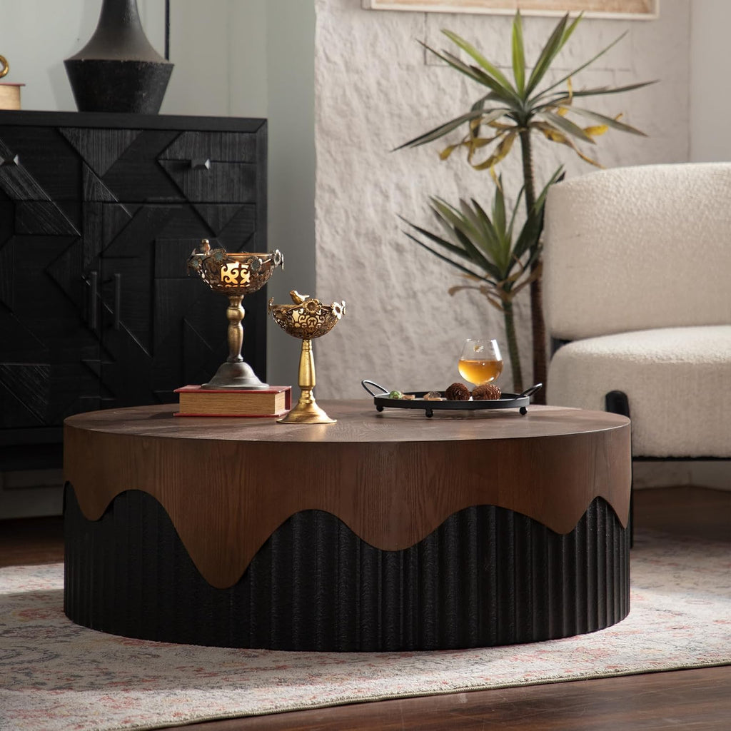 GDFStudio 39' Round Coffee Table with Walnut Table Tops, Bark Texture Veneer Circle Coffee Tables with Handcrafted Relief Base, Modern Living Room Side Tea Tables, No Assembly, Black+Walnut