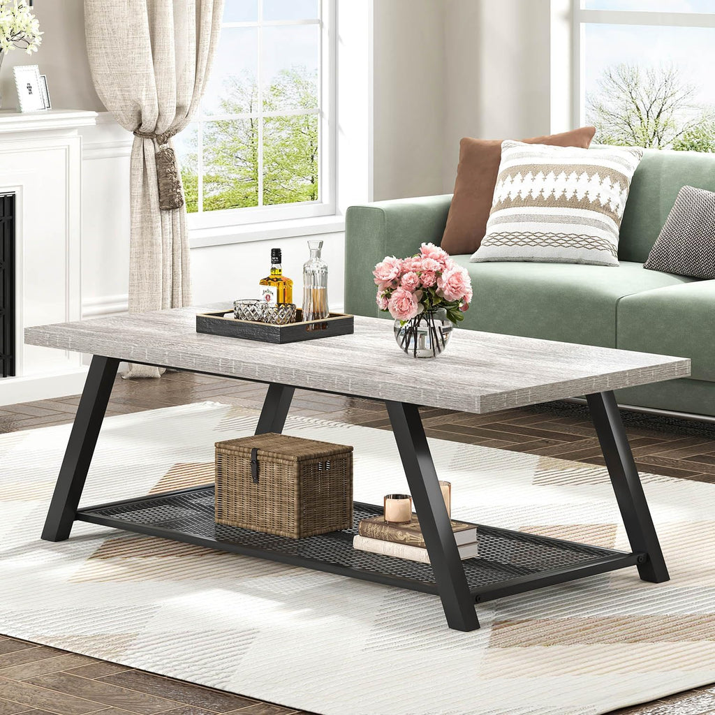 FOLUBAN Industrial Coffee Tables for Living Room with Storage, Rustic Wood and Metal Coffee Table, Modern Rectangle Center Cocktail Tea Table, Light Grey, 47 Inch