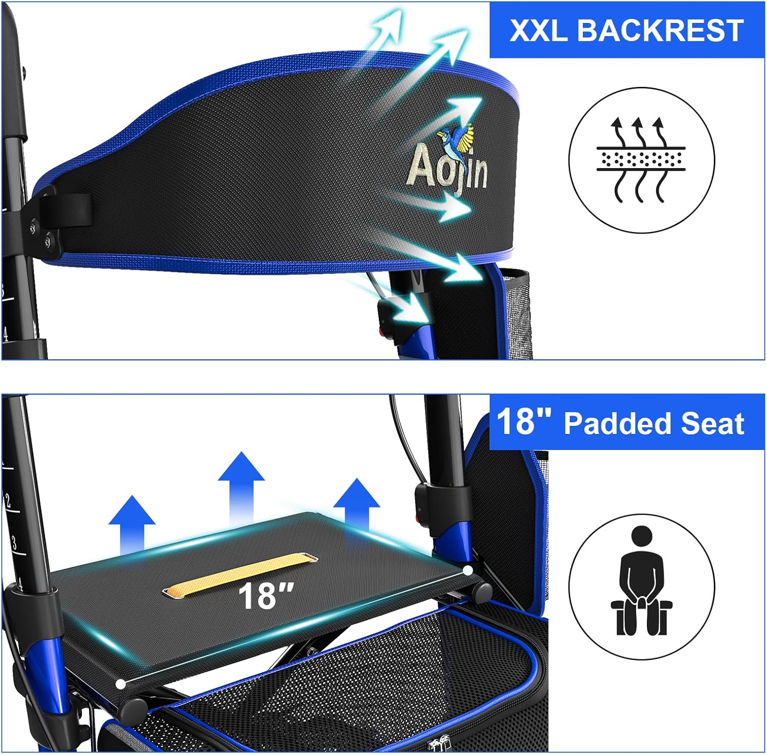 Walkers for Seniors, Rollator Walker with Seat, 350 lb Weight Capacity, 18' Big Seat, 8' All-Terrain Wheels, 6-Level Adjustable Height, Lightweight Aluminum Frame Rollator Walkers for Seniors (Blue)