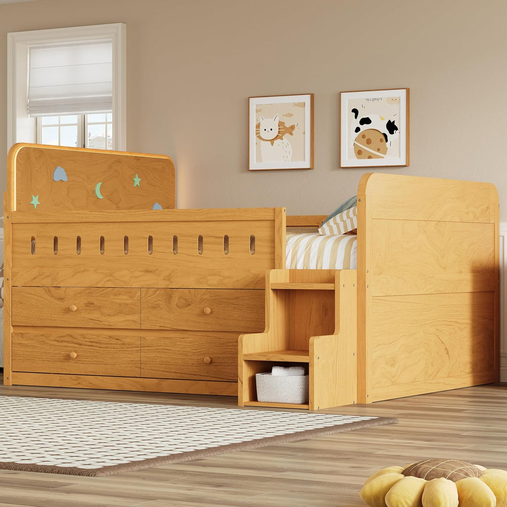 SOFTSEA Full Size Platform Bed with Storage Drawers, Solid Wood Daybed Frame with Stairs, Storage Shelves and LED Lights, Space-Saving Bed with Drawers for Bedroom, Living Room, Wood