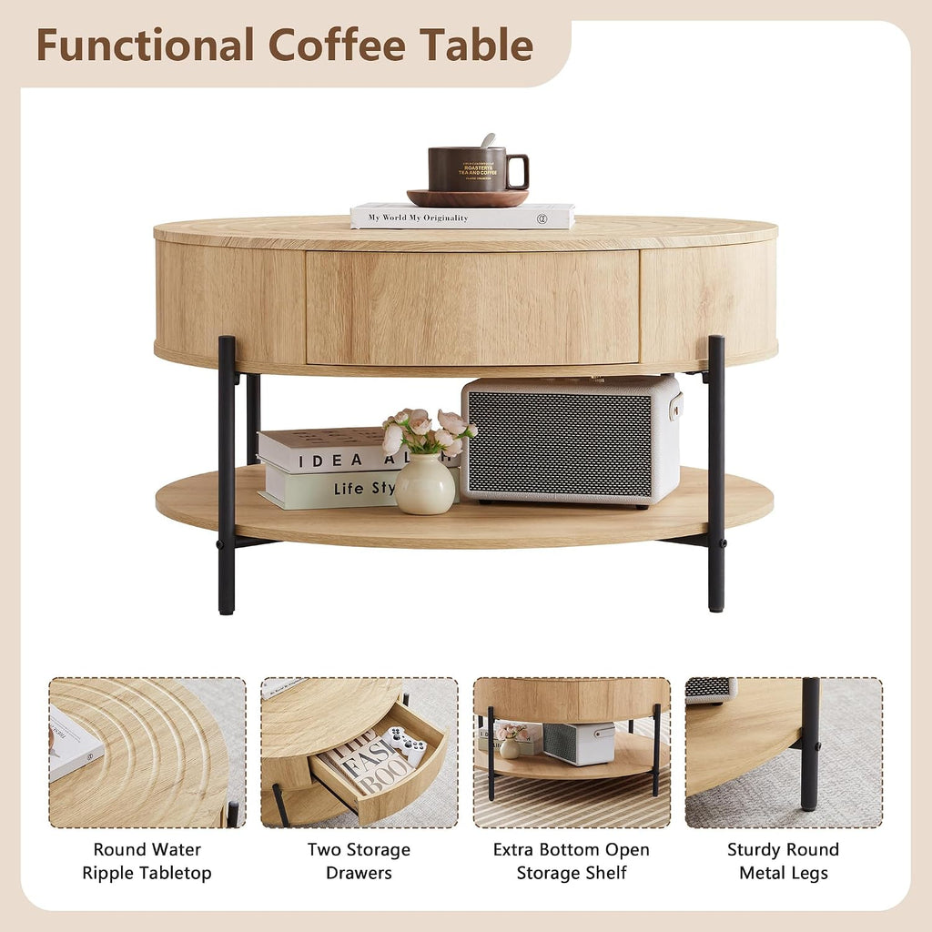 RARZOE 30.5' Round Coffee Table with Storage, Wooden Circle Coffee Table with Drawer, Storage Shelf, Metal Legs，Small Dining Table Accent Center Table for Living Room Home Office Apartment,Natural