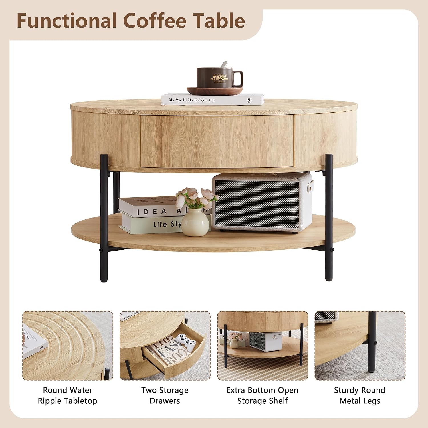 RARZOE 30.5' Round Coffee Table with Storage, Wooden Circle Coffee Table with Drawer, Storage Shelf, Metal Legs，Small Dining Table Accent Center Table for Living Room Home Office Apartment,Natural