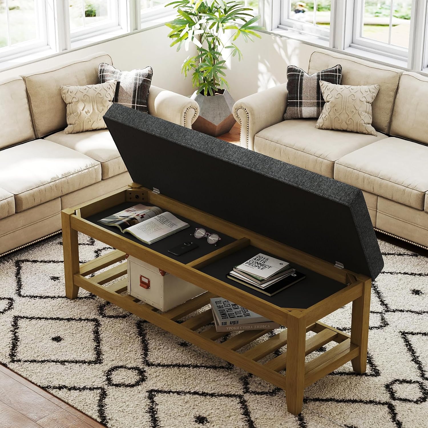 Befurtori Large Rectangular Upholstered Ottoman Bench, Linen Tufted Footrest Ottoman with Solid Wood Shelf Storage Coffee Table for Bedroom Living Room, Dark Gary