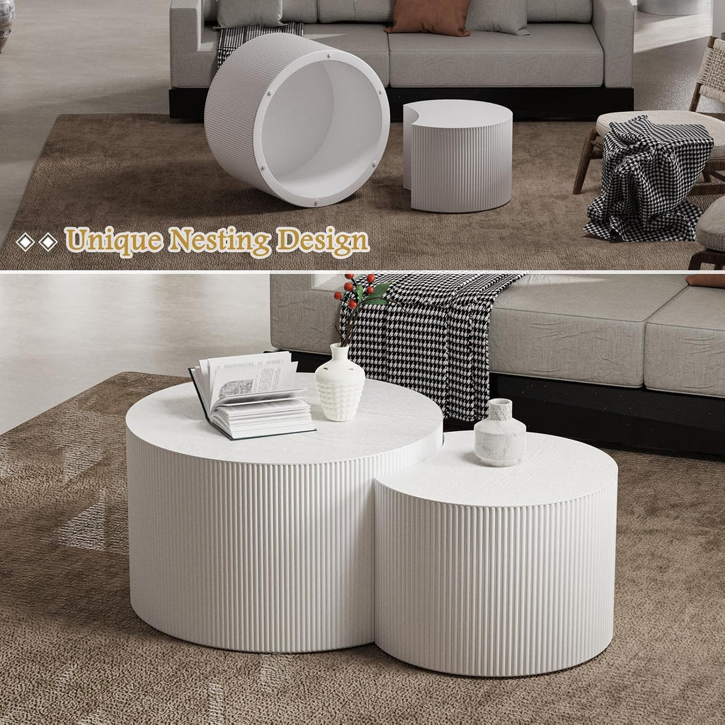 Round Coffee Table Set of 2 Modern Nesting Coffee Tables Wooden Drum Coffee Tables with Non-Slip Feet, Circle Nesting Tables End Table for Living Room Office, No Assembly (Cream 27.56'+19.69')