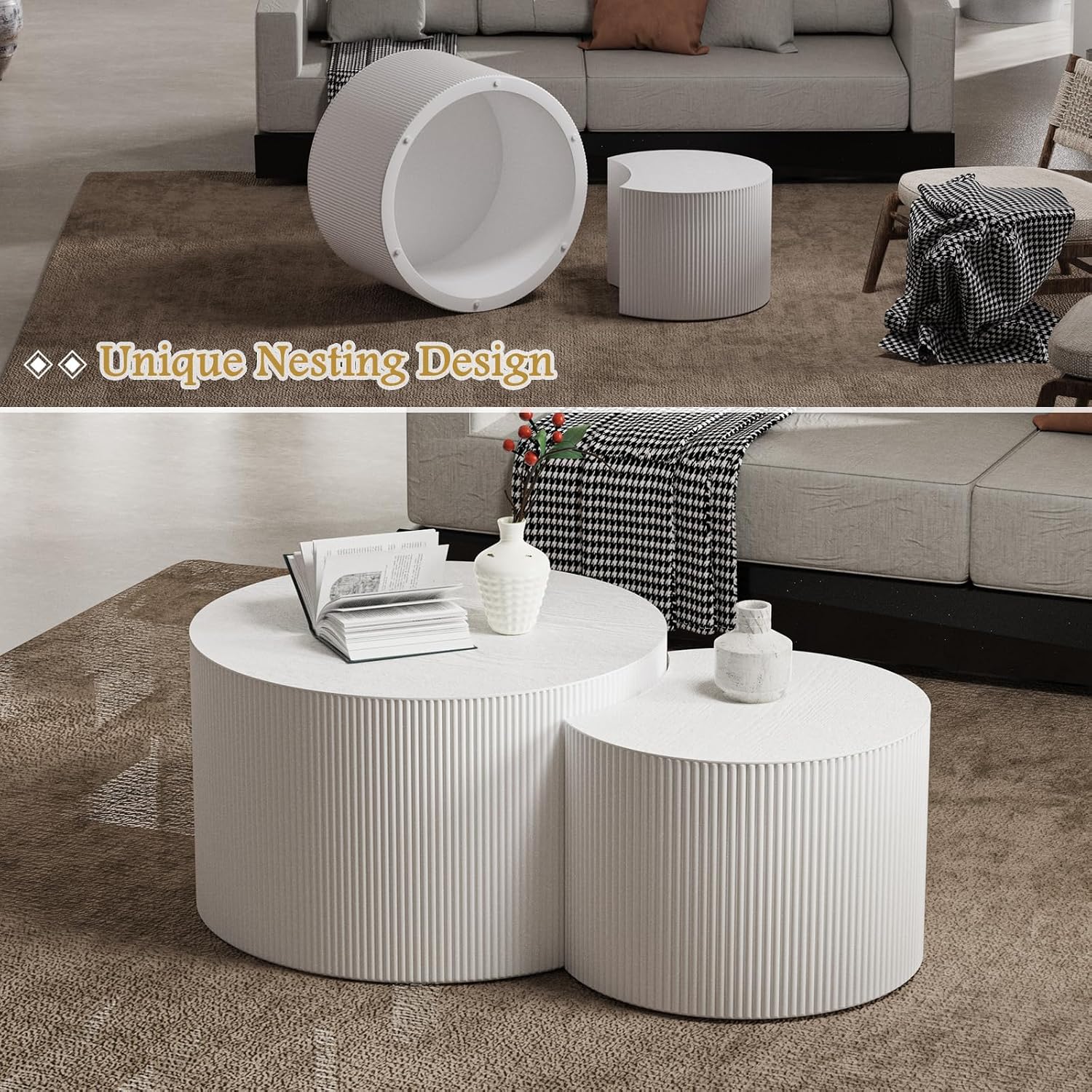 Round Coffee Table Set of 2 Modern Nesting Coffee Tables Wooden Drum Coffee Tables with Non-Slip Feet, Circle Nesting Tables End Table for Living Room Office, No Assembly (Cream 27.56'+19.69')